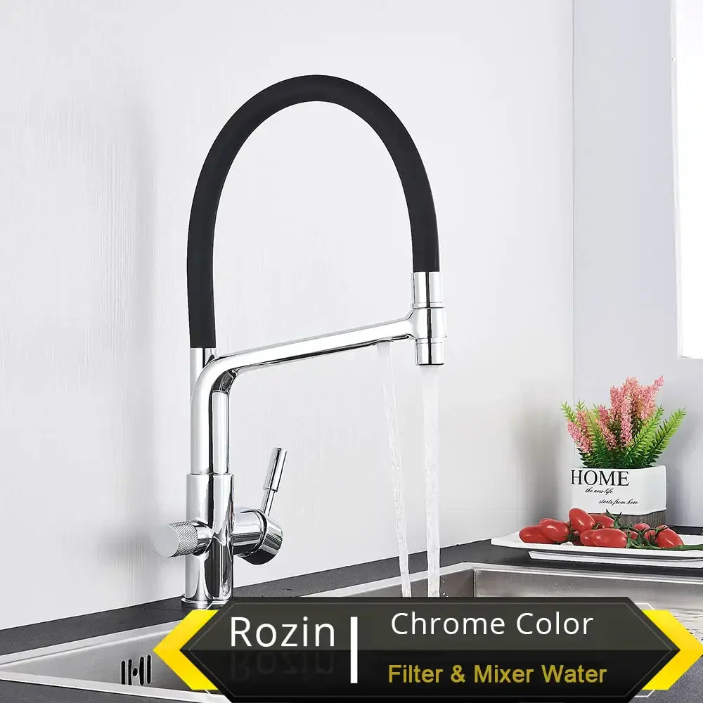 Chrome finished water filter kitchen faucet with flexible black rubber hose and dual control handles for easy use