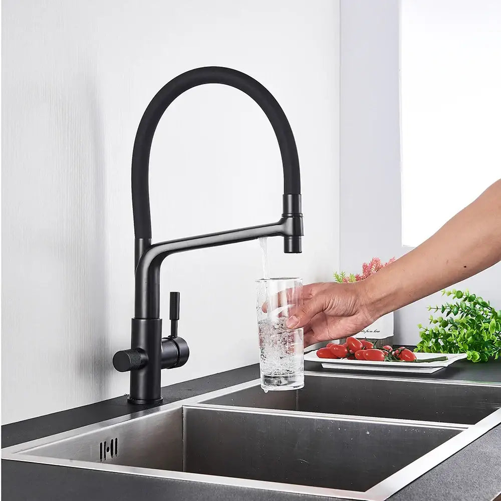 Matte black water filter kitchen faucet with pull down gooseneck tap and curved spout in matte finish
