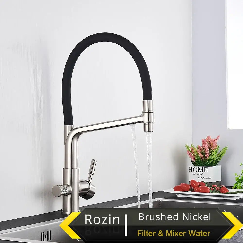 Matte black water filter kitchen faucet with brushed nickel body, black flexible hose, and dual spray nozzles