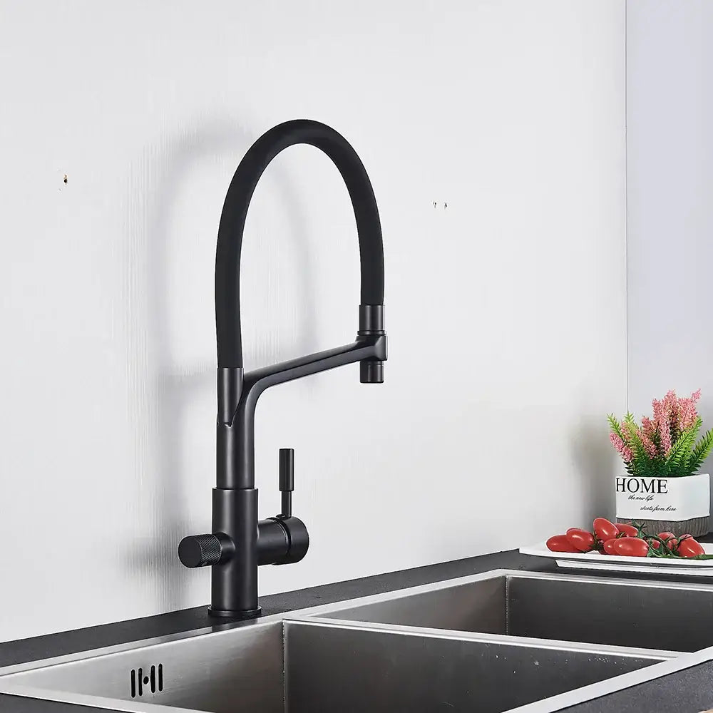 Matte black water filter kitchen faucet with curved spout and pull-down spray head for efficient filtering and use