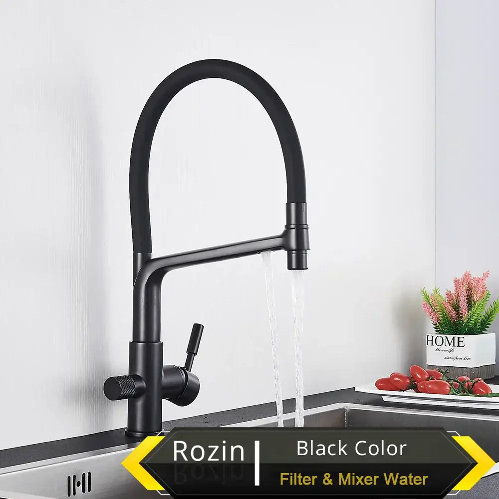 Matte black rozin water filter kitchen faucet with pull down gooseneck tap featuring mixer and filter functionality