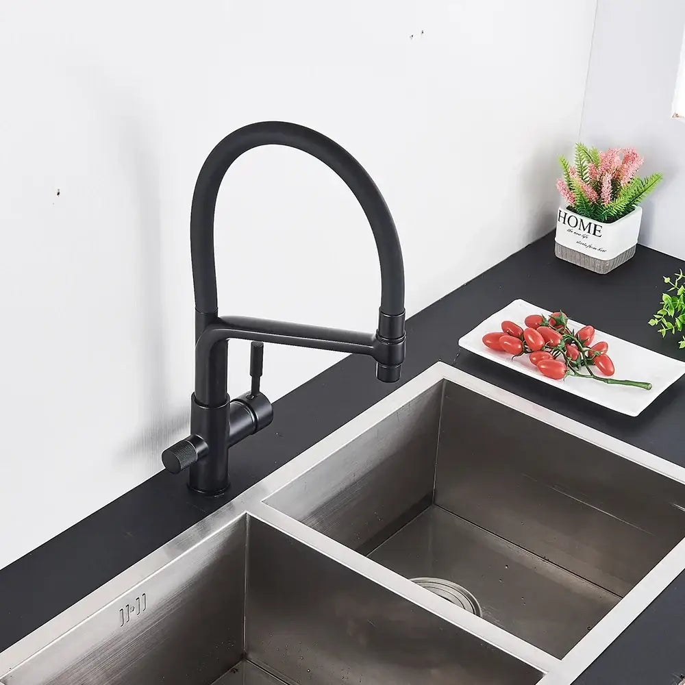 Matte black water filter kitchen faucet with a curved spout and single handle pull down control in black matte finish