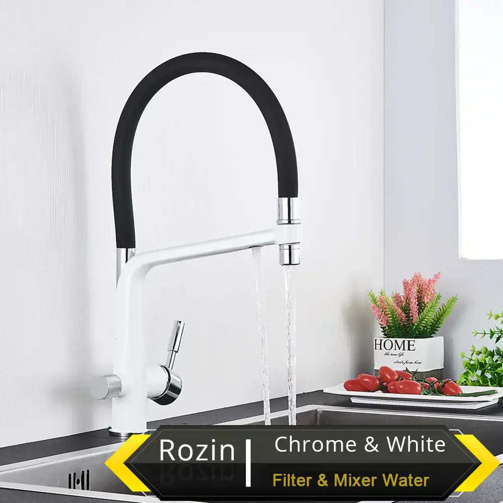 Matte black water filter kitchen faucet with white and chrome finish and black flexible hose pull down gooseneck tap