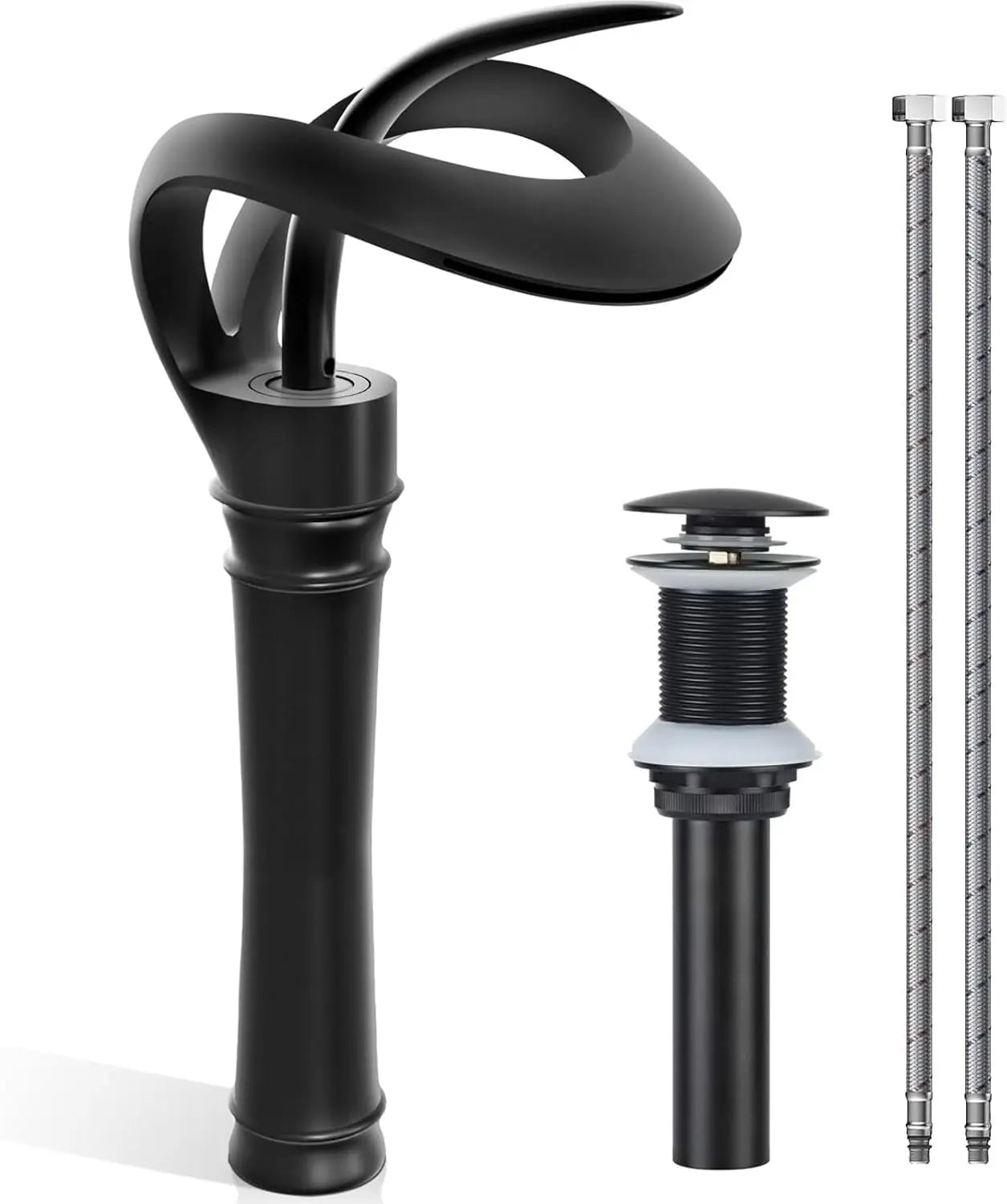 Matte black waterfall faucet single hole with sculptural spout solid brass and matching pop-up drain assembly