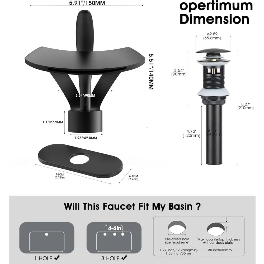 Matte black waterfall faucet with integrated pop-up drain and mounting plate made of solid brass for single hole installation