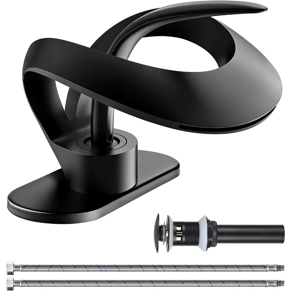 Matte black waterfall faucet with solid brass construction and included pop up drain and flexible hoses for single hole installation