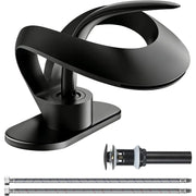Matte black waterfall faucet with solid brass construction and included pop up drain and flexible hoses for single hole installation