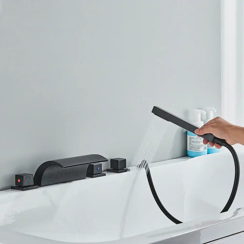 Matte black waterfall led bathtub faucet set with handheld shower wand and decorbites black waterfall finish
