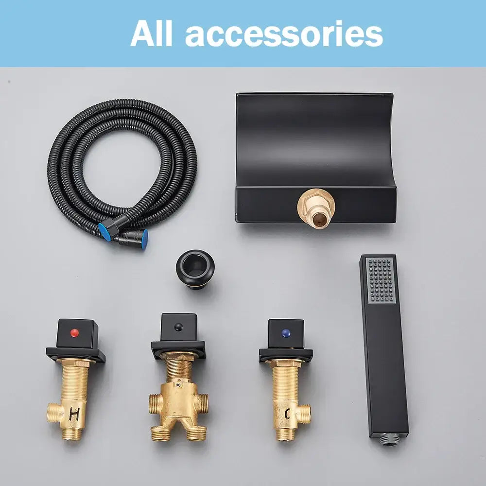 Matte black waterfall led bathtub faucet set with black matte-finish wall-mounted faucet set and brass handheld showerhead decorbites black waterfall