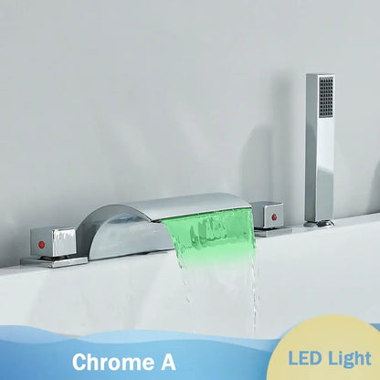 Chrome waterfall led bathtub faucet set with black waterfall led lighting casting vibrant green glow on flowing water