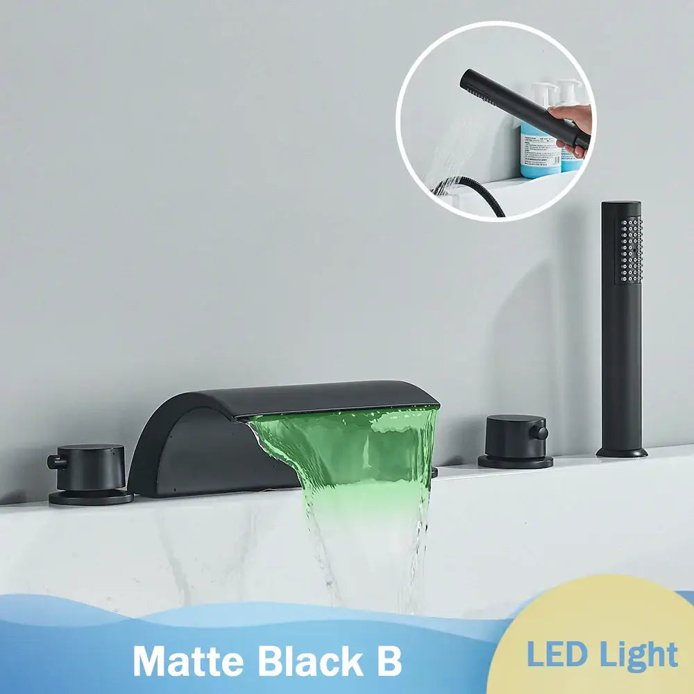Matte black waterfall led faucet set with integrated green lighting casting glow on flowing water for bathroom decorbites black waterfall