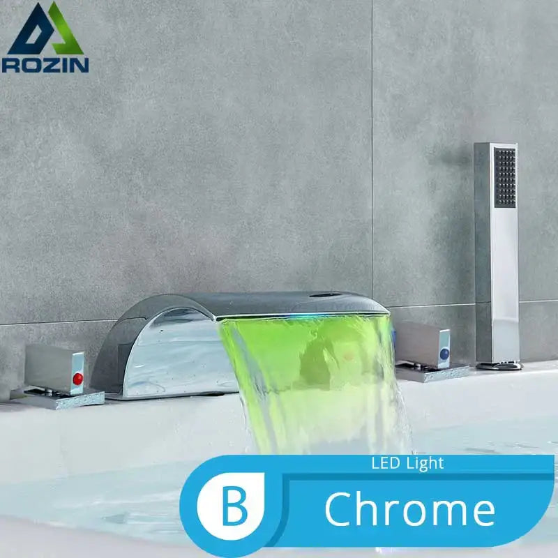 Chrome-finished waterfall bathtub faucet with integrated led lighting in a decorbites black waterfall led faucet set