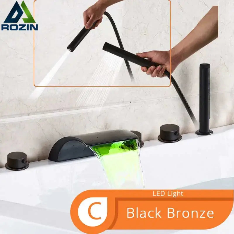 Matte black decorbites black waterfall led faucet set with black bronze rozin waterfall spout and handheld shower