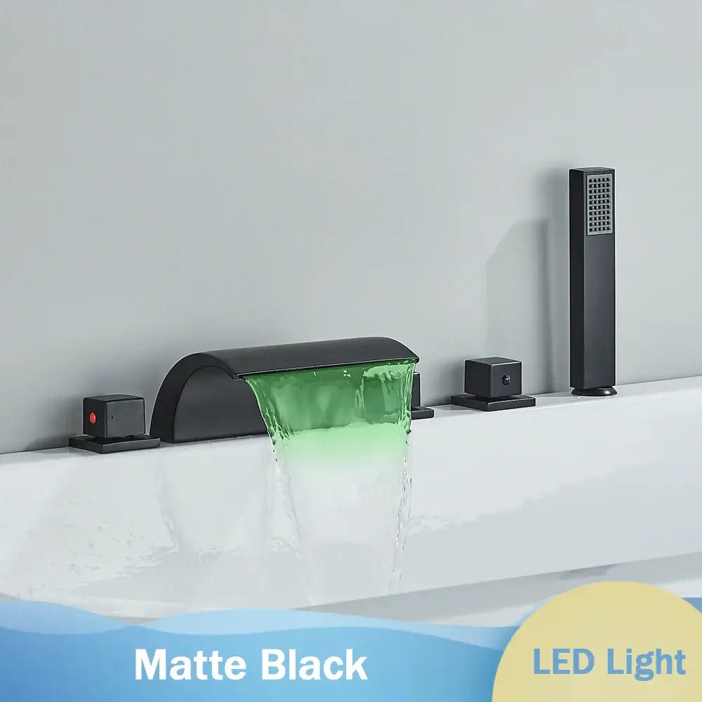 Matte black waterfall led bathtub faucet set with handheld shower featuring integrated led lighting for decorbites black waterfall faucet set