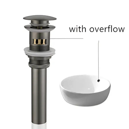 Matte black metal sink drain with overflow feature included in brushed gold and white drain assembly kit for bathroom use