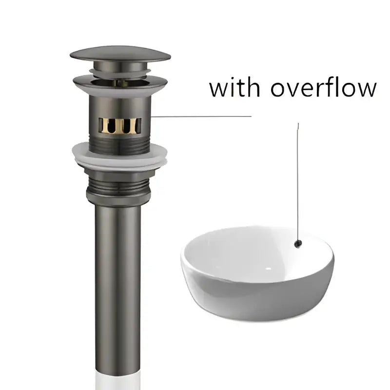 Matte black metal sink drain with overflow feature included in brushed gold and white drain assembly kit for bathroom use