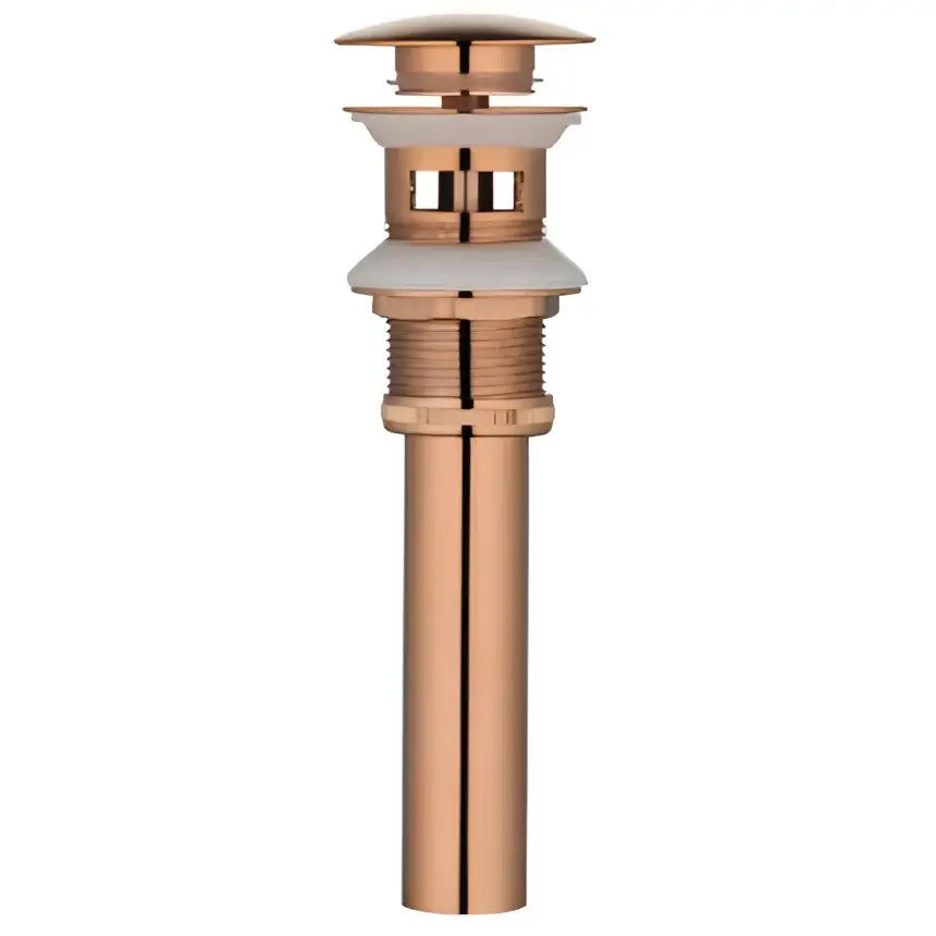 Matte black and white brushed gold drain assembly kit featuring a copper-toned sink drain with a tiered cylindrical design
