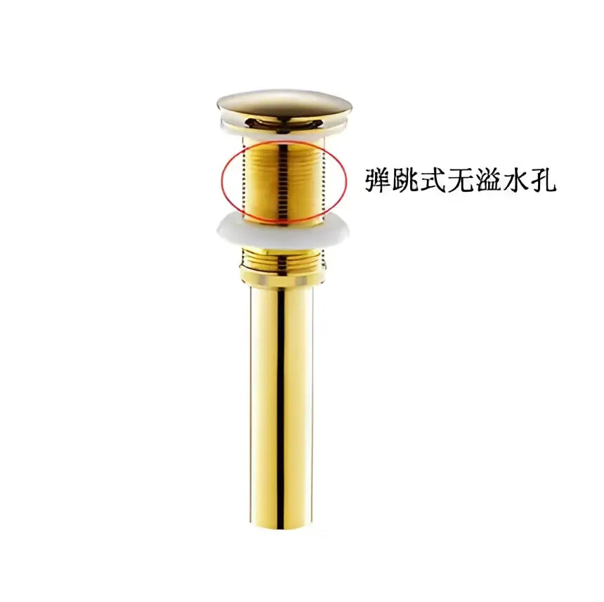 Matte black and white brushed gold drain assembly kit featuring a gold-colored cylindrical bathroom sink drain with threaded design