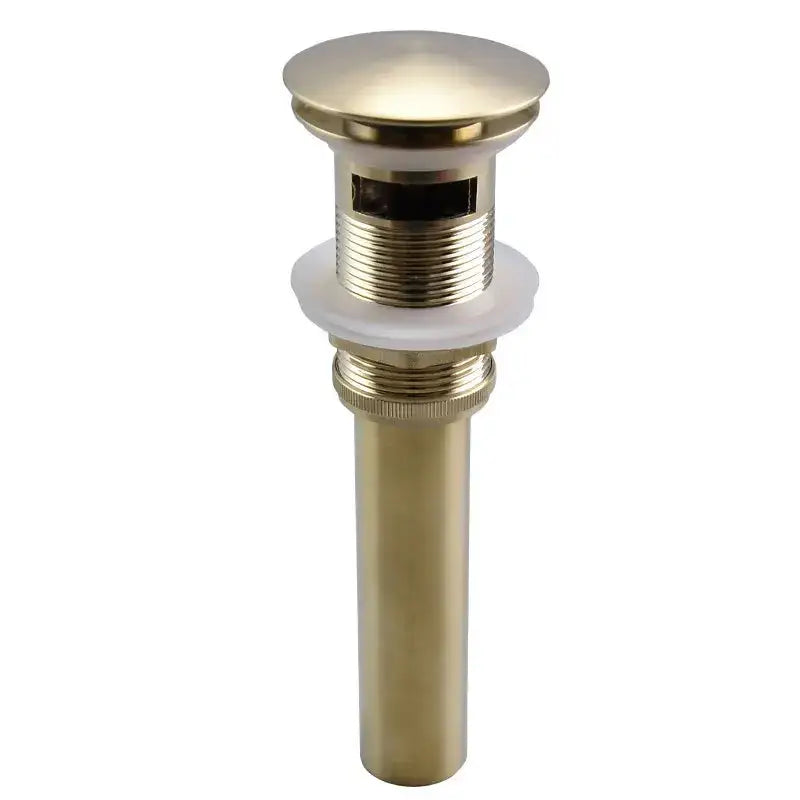 Brass-colored cylindrical bathroom sink drain with threaded sections in a brushed gold drain assembly kit