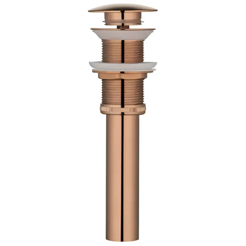 Copper-toned metal drain assembly kit with sleek cylindrical brushed gold design for bathroom sink use