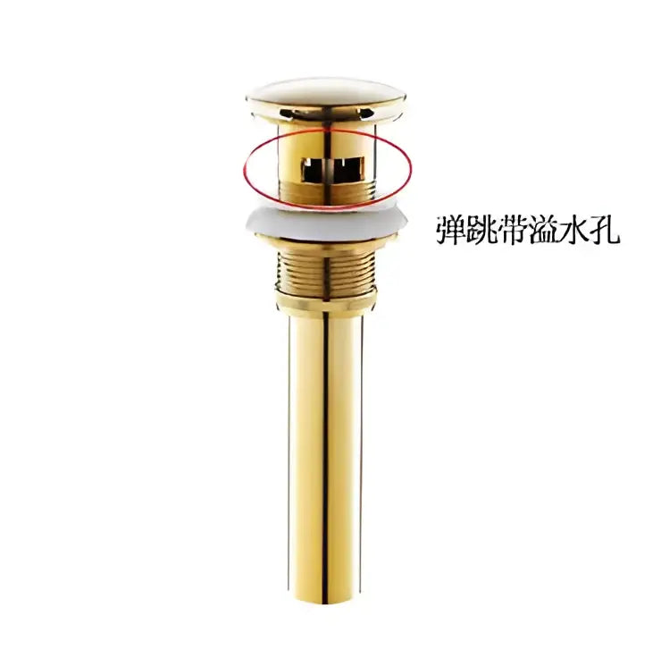 Matte black and white brushed gold drain assembly kit featuring a gold-colored brass sink drain with polished finish