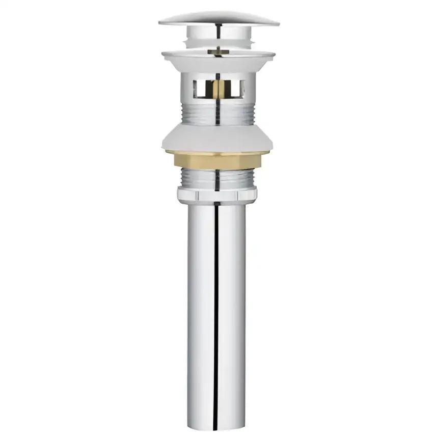 Chrome-finished bathroom sink drain with brass-colored flange and threaded metal components in brushed gold drain assembly kit