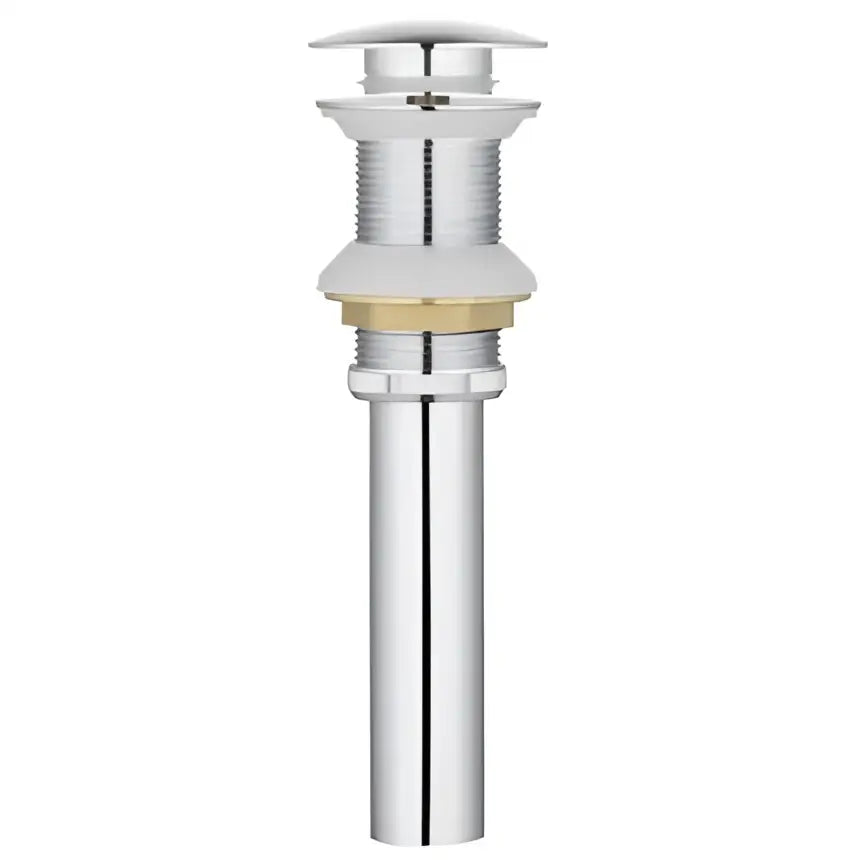 Chrome finished bathroom sink drain with sleek cylindrical body and threaded top in a brushed gold drain assembly kit