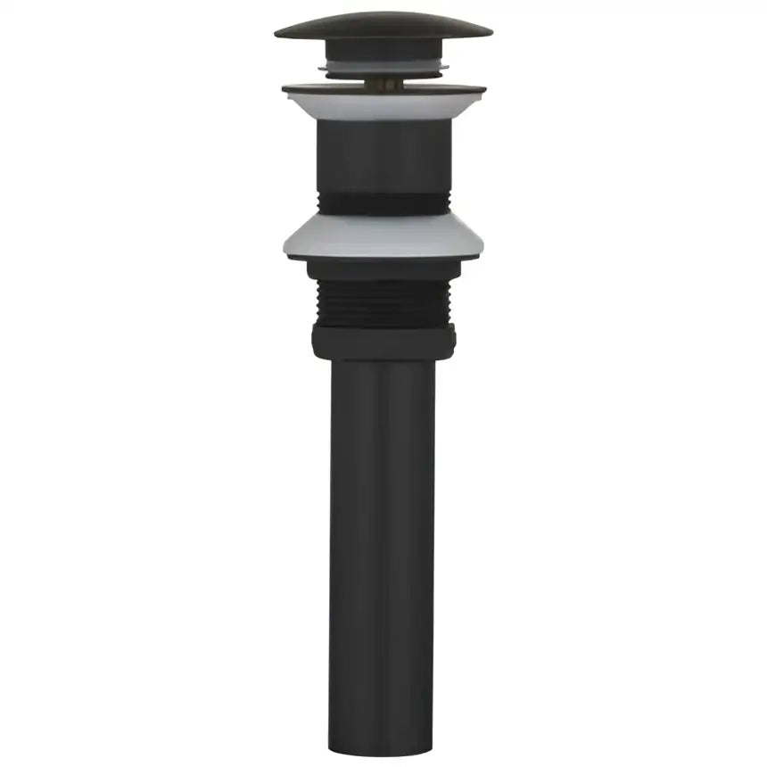 Matte black bathroom sink drain assembly kit featuring white rubber gasket and brushed gold accents for modern design