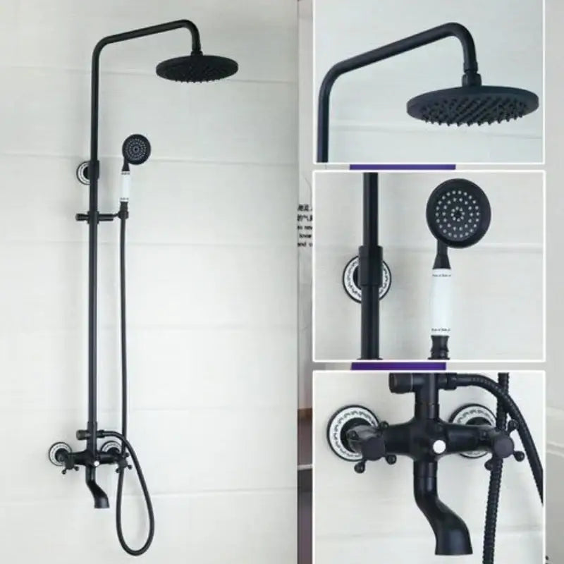Matte black and white ceramic shower faucet set with round rainfall head and handheld nozzle in black matte finish