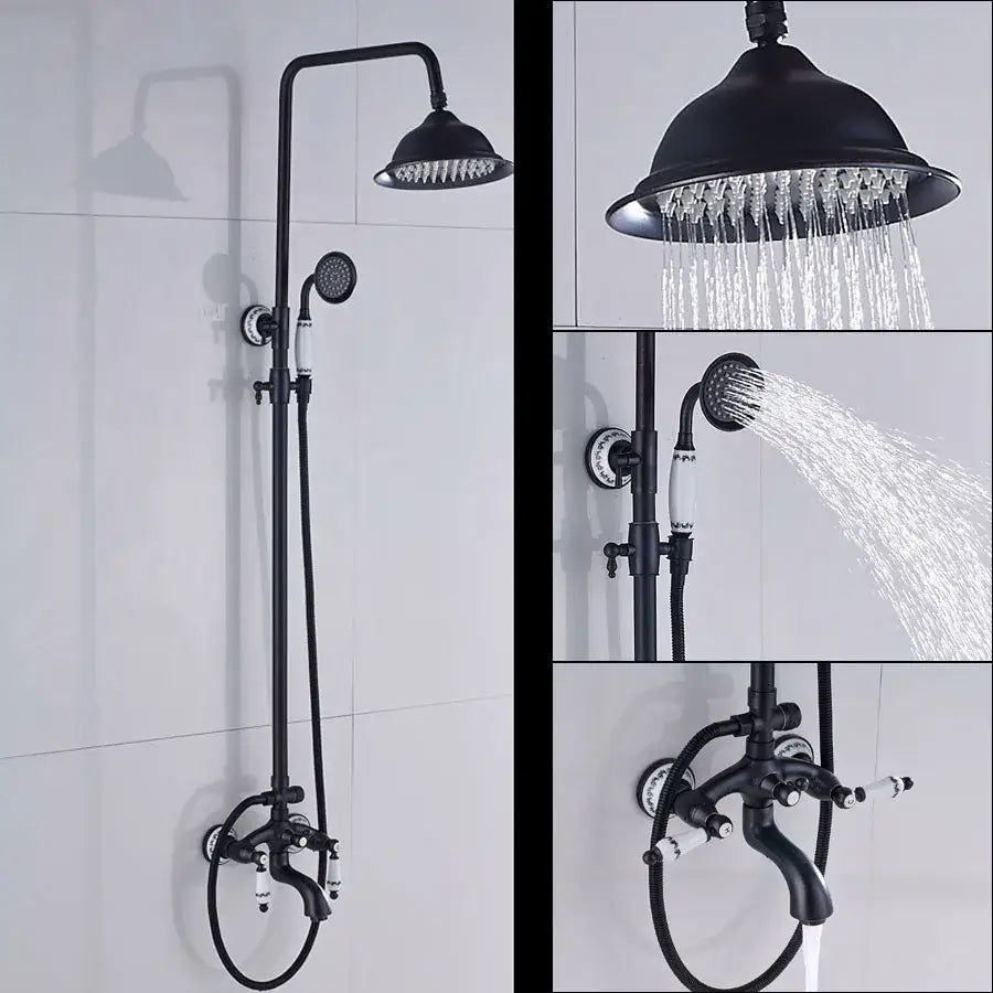 Matte black and white ceramic shower faucet set with rainhead and handheld spray for bathroom use