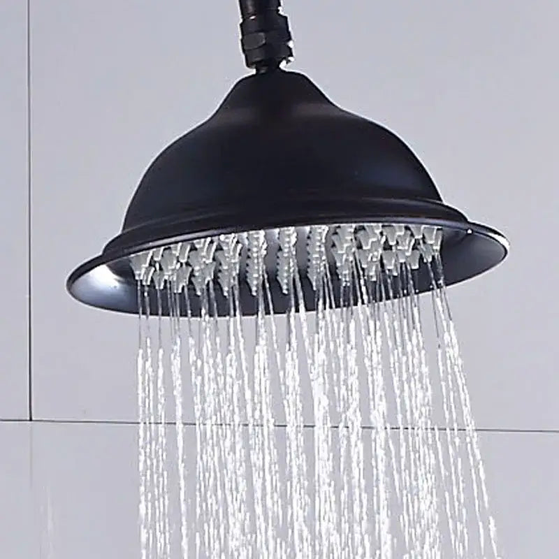 Matte black ceramic shower faucet set with rainfall showerhead featuring multiple water streams for bathroom use