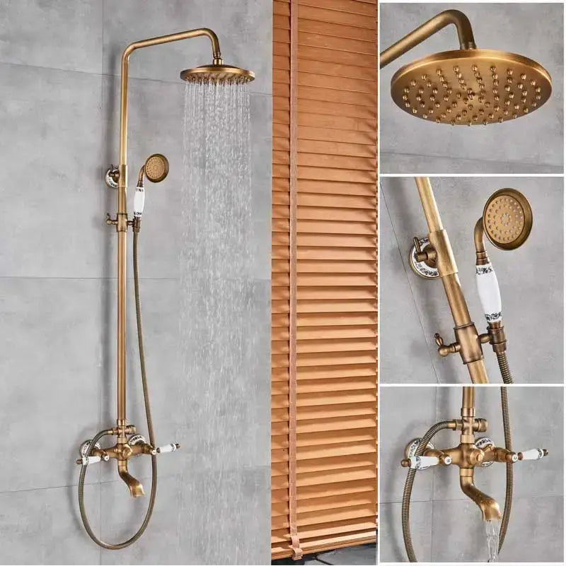 Brass-finished shower faucet set with round rainhead, handheld spray, and white ceramic handles for bathroom use