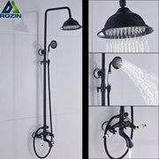Matte black and white ceramic shower faucet set with black matte brass rainfall head and handheld spray nozzle
