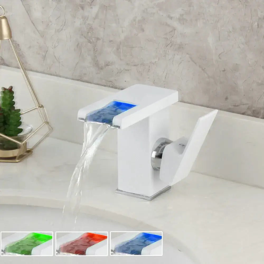 Matte black and white led waterfall basin faucet with chrome finish and blue led-lit spout for modern bathroom decorbites led waterfall