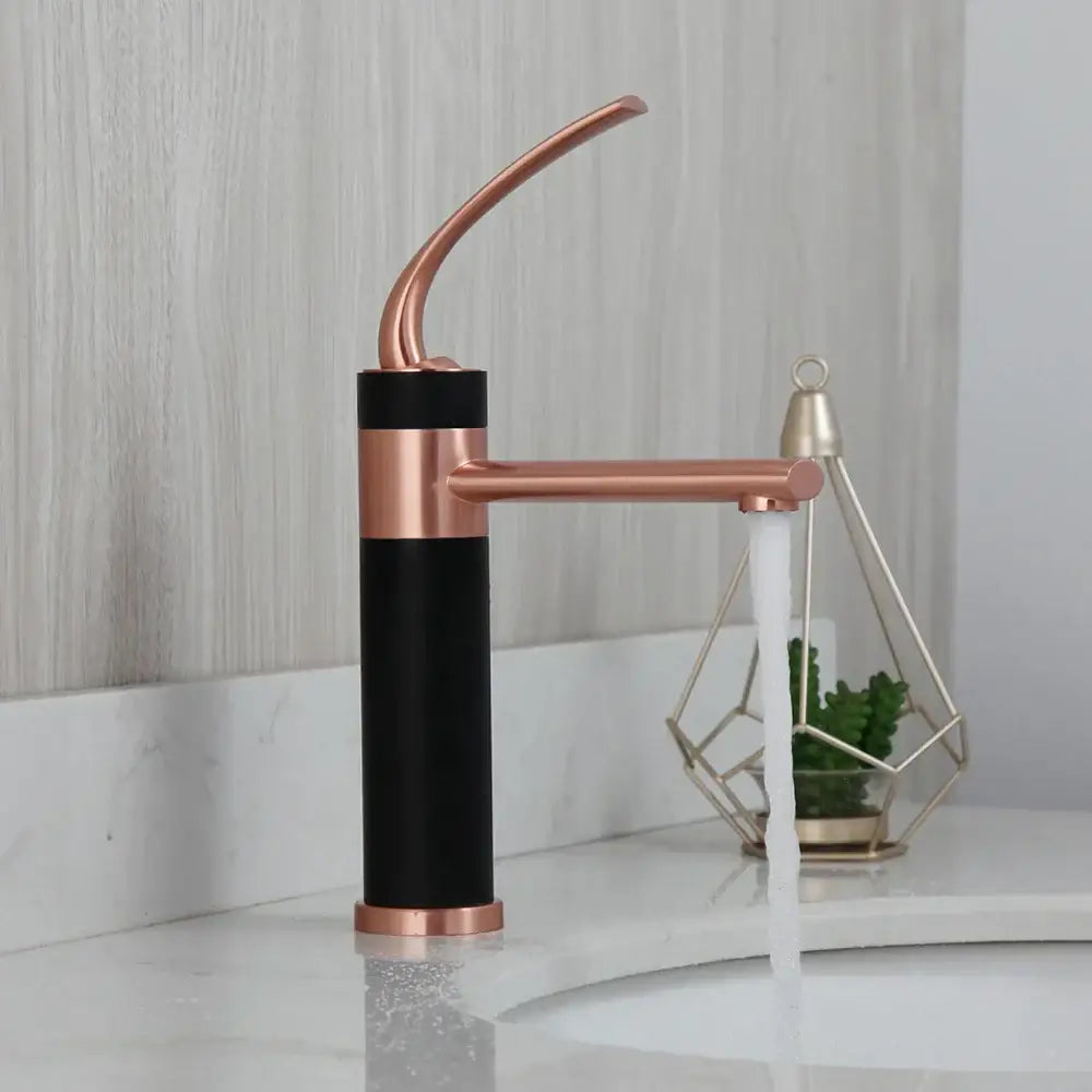 A modern rose gold and black basin faucet with sleek curved spout featuring decorbites led waterfall design