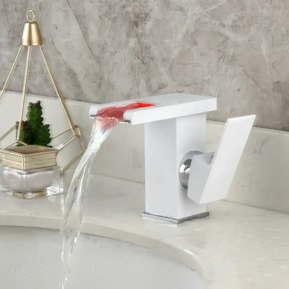 White modern led waterfall basin faucet with matte black and chrome accents for bathroom decorbites led waterfall tap