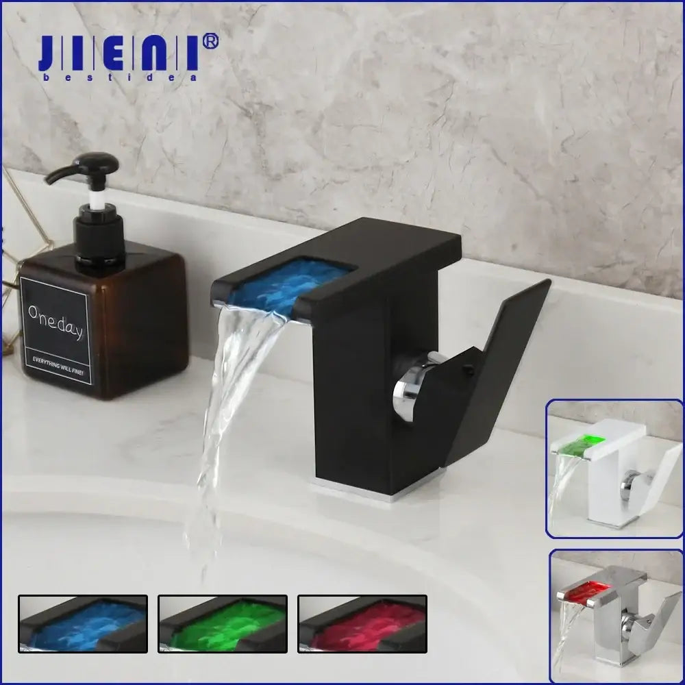 Matte black led waterfall basin faucet with a glowing blue decorbites led waterfall panel for bathroom mixer tap