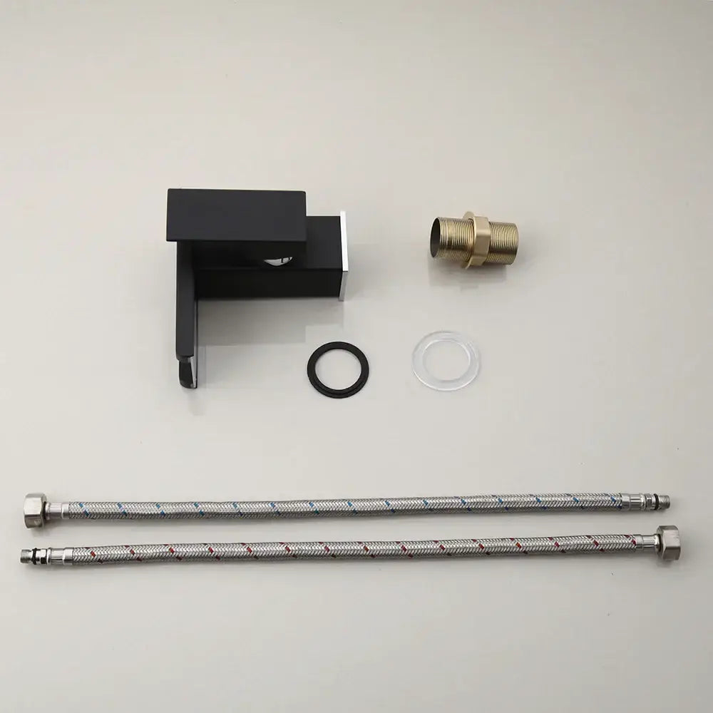 Matte black wall-mounted basin faucet bracket with brass connector and braided hoses for decorbites led waterfall basin tap