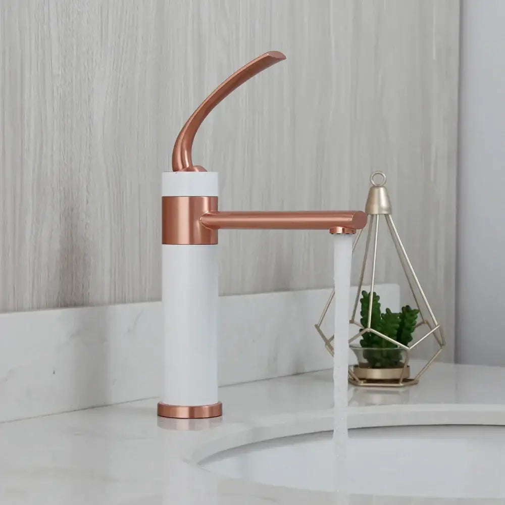 Rose gold and white modern basin faucet with sleek curved spout and handle for decorbites led waterfall basin use