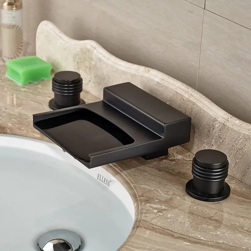 Matte black wide waterfall spout bathroom faucet with black wide waterfall spout and two matching square handles