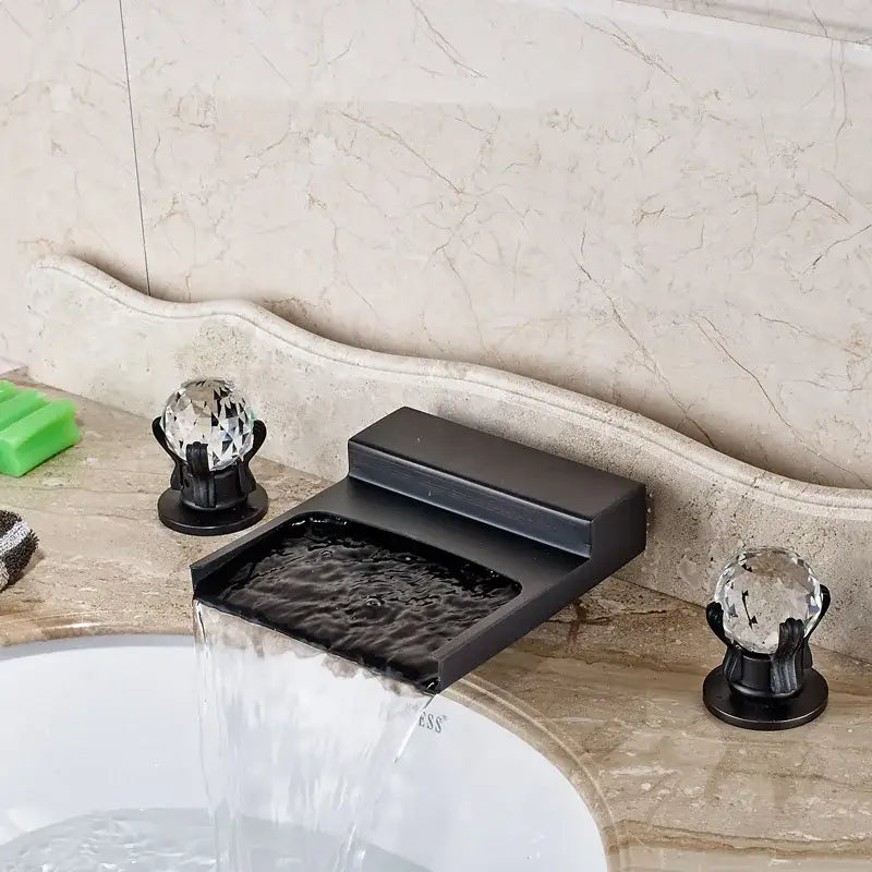 Matte black wide waterfall spout bathroom faucet with square handles and crystal knob decorbites black wide design