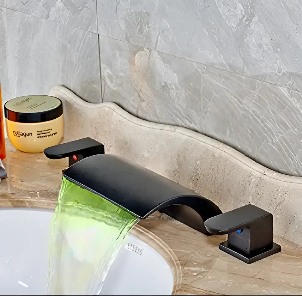 Matte black wide waterfall spout bathroom faucet with square handles and sleek modern decorbites black wide design
