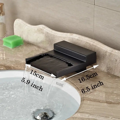 Matte black wide waterfall spout bathroom faucet with black matte finish rectangular spout and elless basin overflow