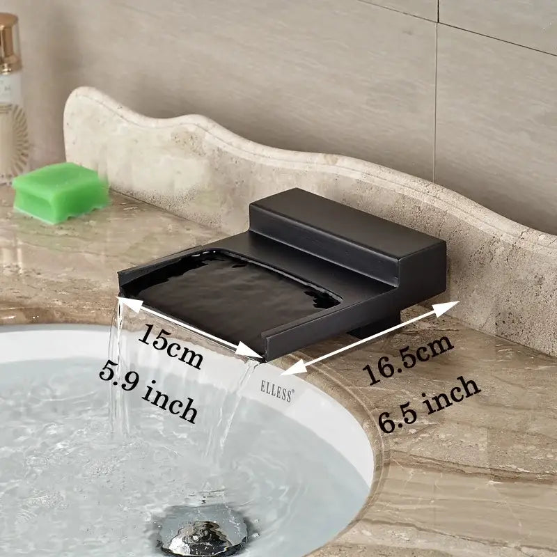 Matte black wide waterfall spout bathroom faucet with black matte finish rectangular spout and elless basin overflow