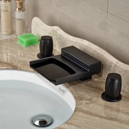 Matte black wide waterfall spout bathroom faucet with black matte finish, integrated soap dish, and square handles for decorbites black wide design