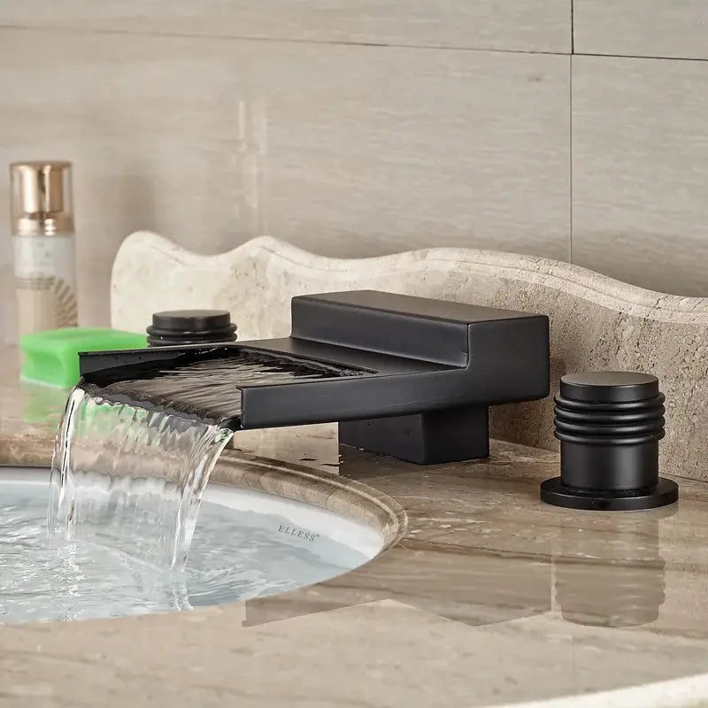 Matte black wide waterfall spout bathroom faucet with black wide waterfall design and square handles in matte finish