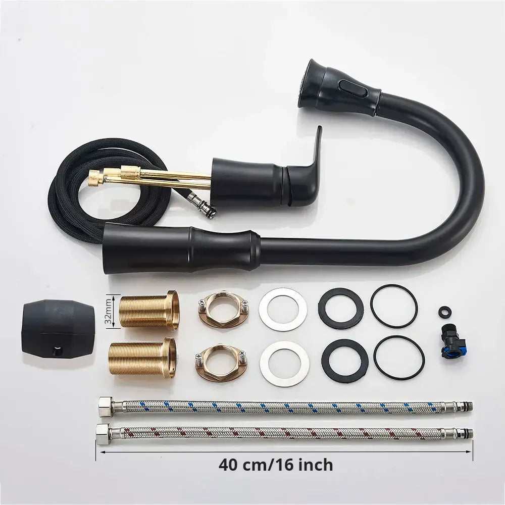 Matte brass black kitchen faucet with flexible pull-down spray head and brass black kitchen decorbites mounting hardware