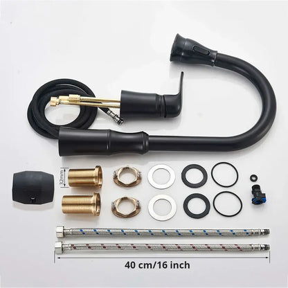 Matte brass black kitchen faucet with flexible pull-down spray head and brass black kitchen decorbites mounting hardware