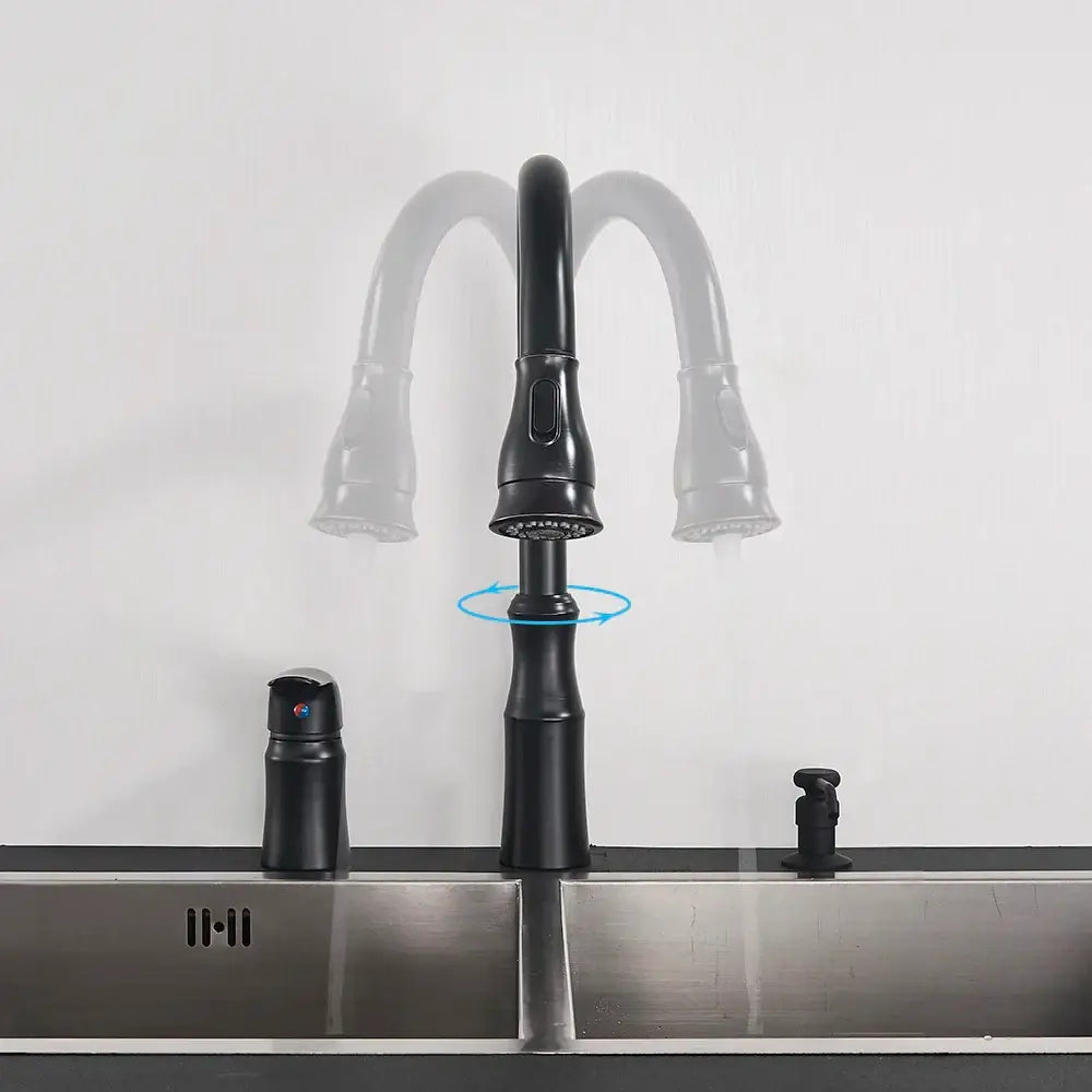 Matte brass black kitchen faucet with pull out spray head in black matte finish for modern decorbites brass black kitchen