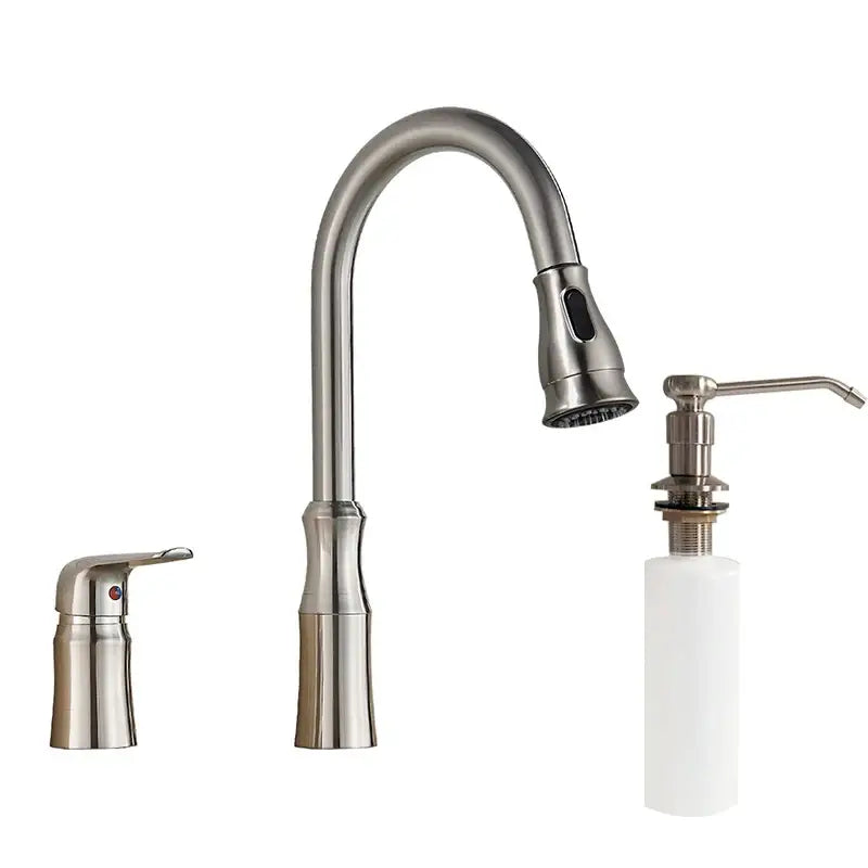 Matte brass black kitchen faucet with pull out spray head and matching soap dispenser in stainless steel decorbites brass black design